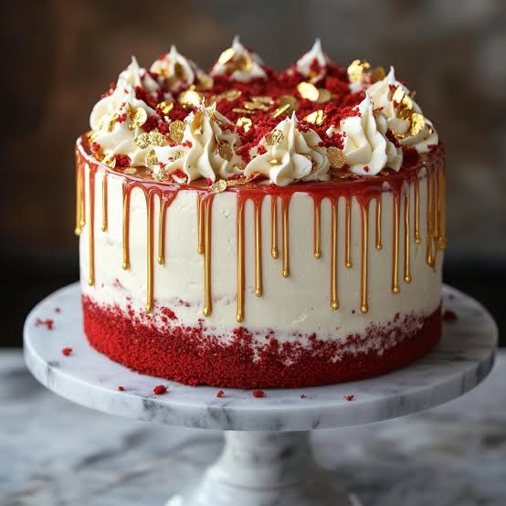 Red velvet cake with white soft icing, red velvet crumbs, gold caramel drip, and gold leaf accents. Red velvet cake with white soft icing, red velvet crumbs, gold caramel drip, and gold leaf accents.