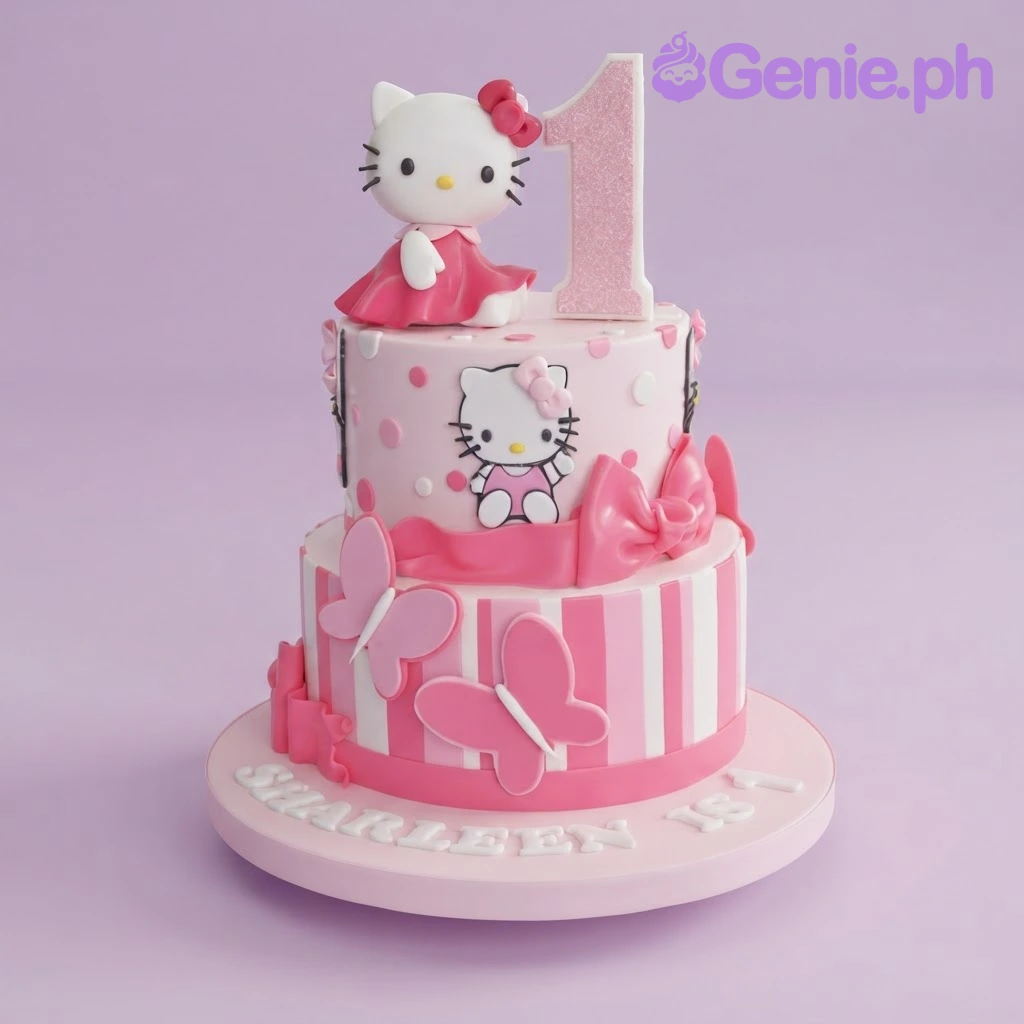 Hello Kitty-Inspired 2-Tier Birthday Cake Pink 2-tier fondant cake with Hello Kitty figurine, glittery number one topper, and pink butterfly accents