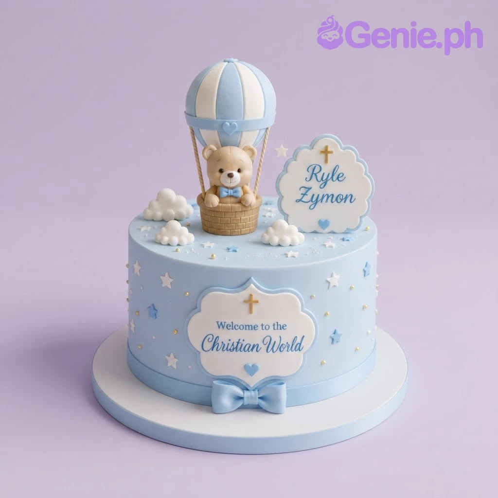 Christening Sky Blue Cake Light blue 1-tier fondant christening cake with a teddy bear hot air balloon topper and white sugar clouds