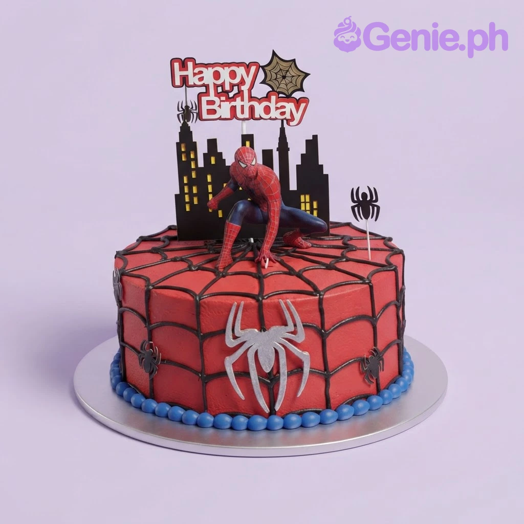 Spiderman-Inspired Birthday Cake Red 1-tier cake with black piped spiderweb design, a Spiderman character cutout, and a Happy Birthday sign