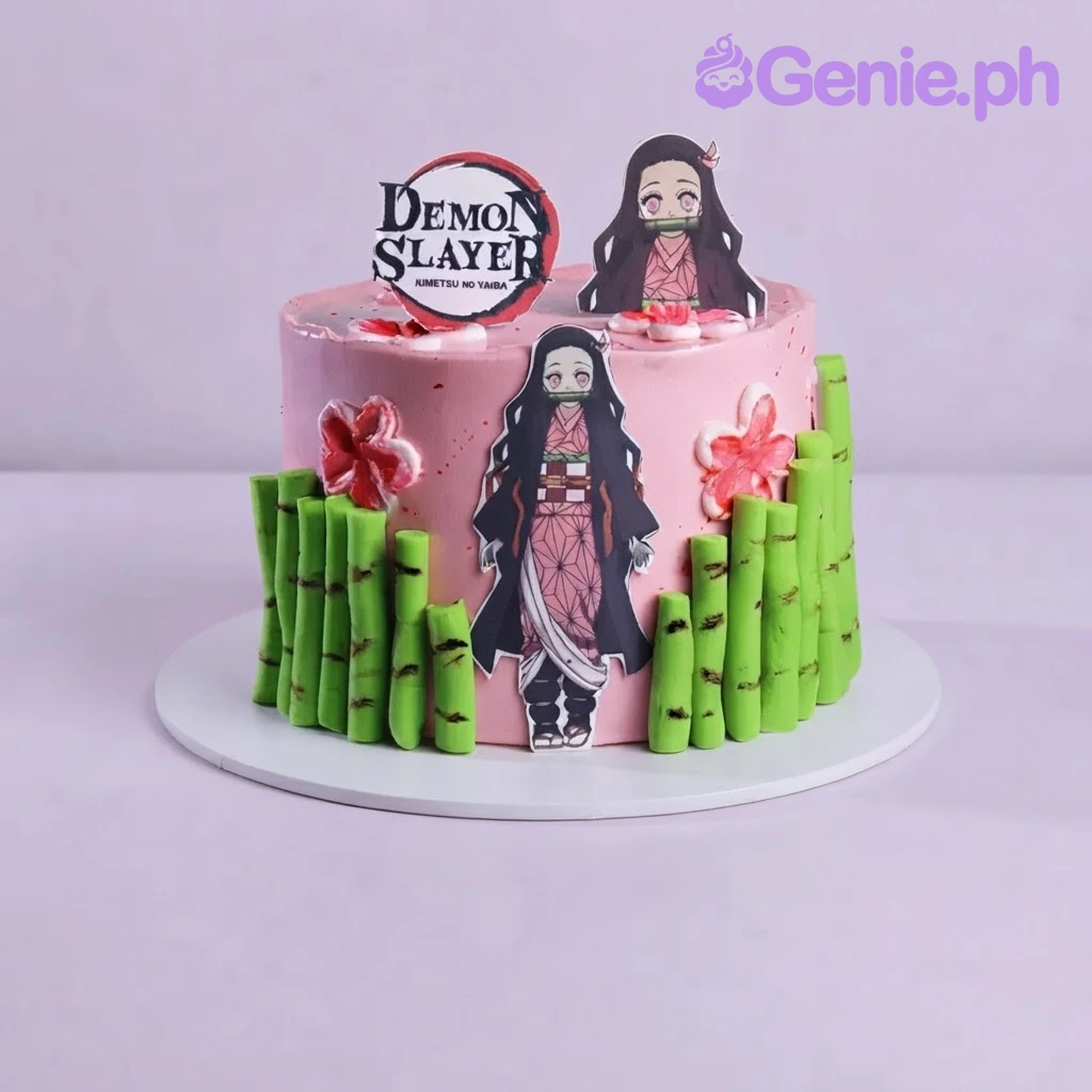 Demon Slayer-Inspired Light Pink Cake Light pink 1-tier cake with soft icing, Demon Slayer theme, a Nezuko bust topper, and green bamboo stalks