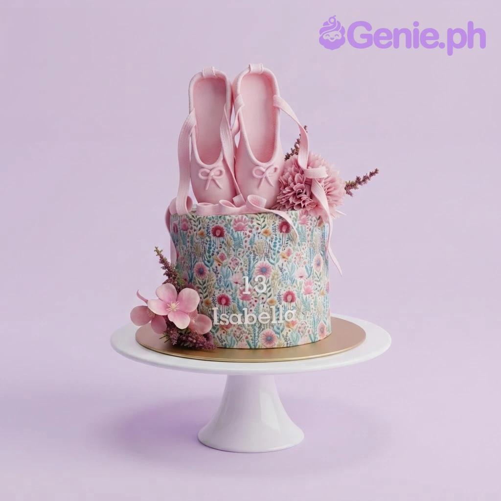 Ballet Theme White Cake White single tier cake with soft white icing, ballet theme, and pink fondant pointe shoes