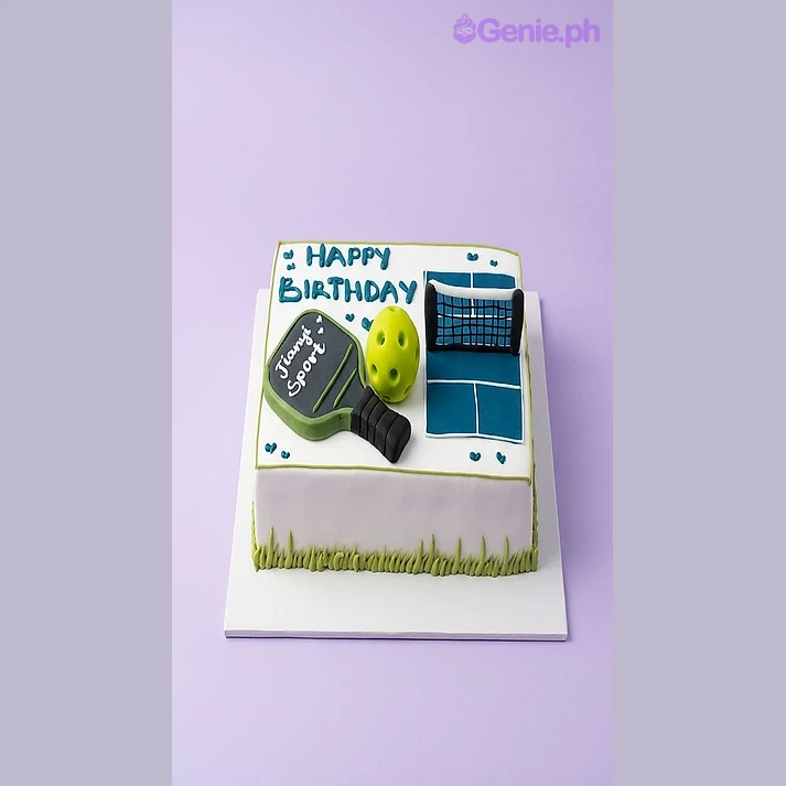 White rectangular birthday cake with a pickleball paddle, ball, and court graphic, featuring piped grass borders and teal icing text. White rectangular birthday cake with a pickleball paddle, ball, and court graphic, featuring piped grass borders and teal icing text.