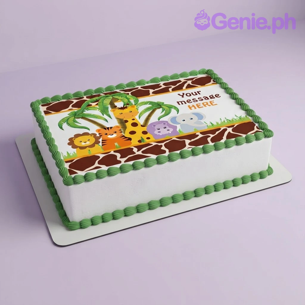 Jungle Safari White Rectangle Cake White rectangular sheet cake with a green piped border and an edible photo print of jungle animals on top