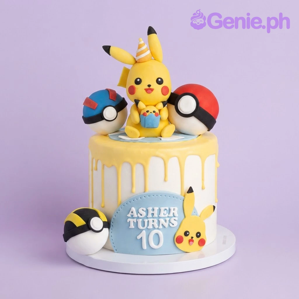 Pokemon-Inspired Ivory Drip Birthday Cake White 1-tier cake with yellow drip, featuring a Pikachu figurine, pokeballs, and a blue message plaque for a 10th birthday
