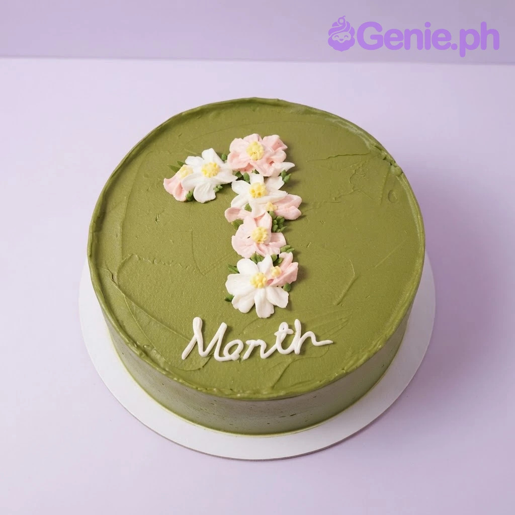 Green Floral Month Cake Green 1-tier soft icing cake decorated with pink and white edible flowers shaped as the number one and a white piped message