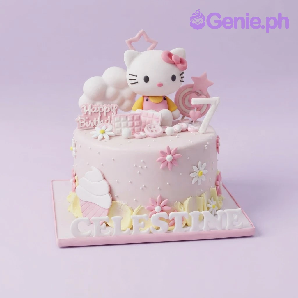 Hello Kitty-Inspired Pink Floral Birthday Cake Light pink fondant 1 tier cake with a Hello Kitty figurine, number seven topper, and pastel sugar flowers