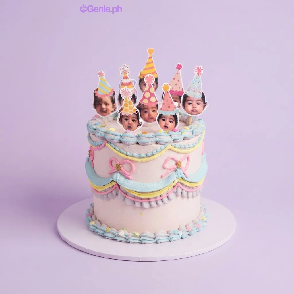Party Face Birthday CMemory Cake Beige 1-tier Memory Cake with soft icing, piped blue and yellow swags, and seven printed face cutouts wearing party hats