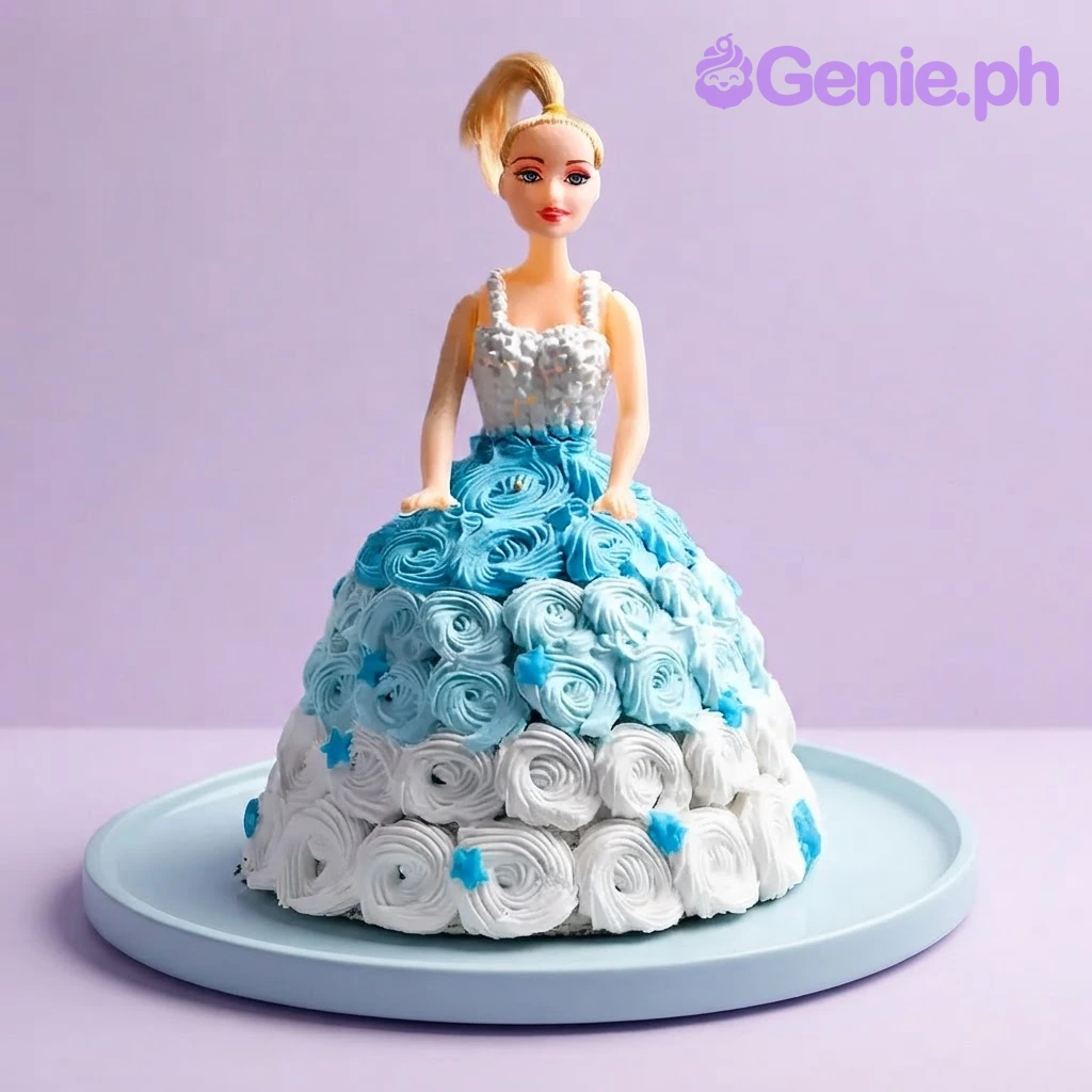 Princess Doll Sky Blue Birthday Cake Light blue and white 1-tier doll cake with piped icing rosettes, a plastic princess doll topper, and blue star accents