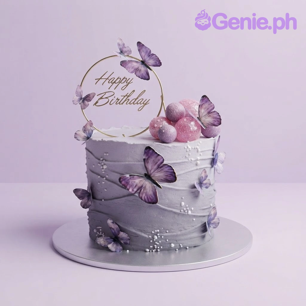 Butterfly Birthday Lavender Cake Lavender 1 tier soft icing birthday cake with purple butterfly printouts, a gold hoop topper, and pink spheres