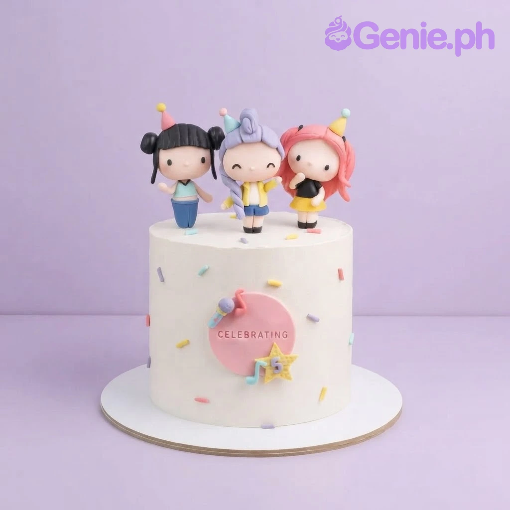 Chibi Birthday White Cake White 1-tier cake with soft icing, three chibi character figurines, and a pink plaque with a name and age