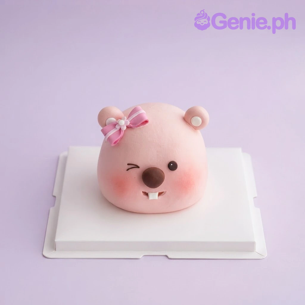 Bear Bento Pink Bow Cake Pink bento cake shaped like a cute bear head with a pink bow and winking face