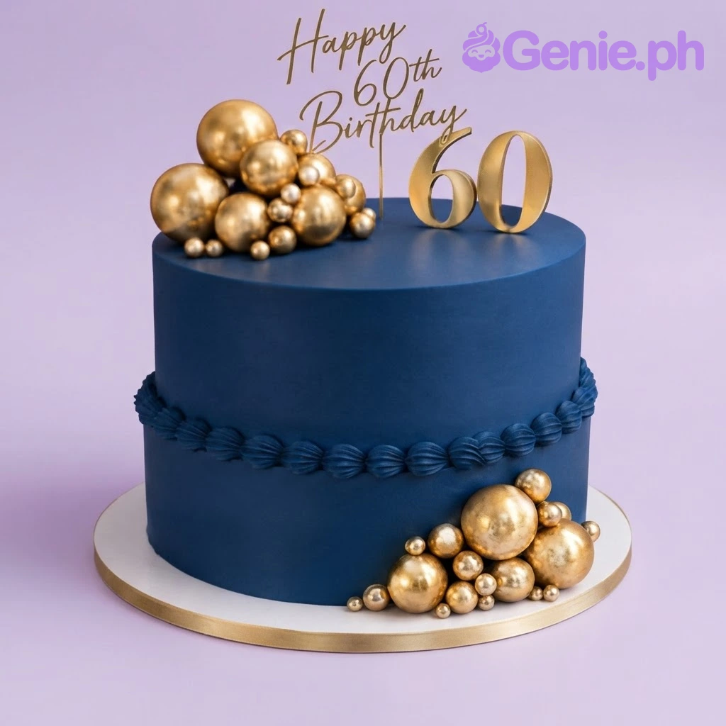 Blue Gold Milestone Navy 2-Tier Cake Navy blue 2-tier cake with smooth soft icing, gold milestone theme, gold spheres, and cardstock age toppers