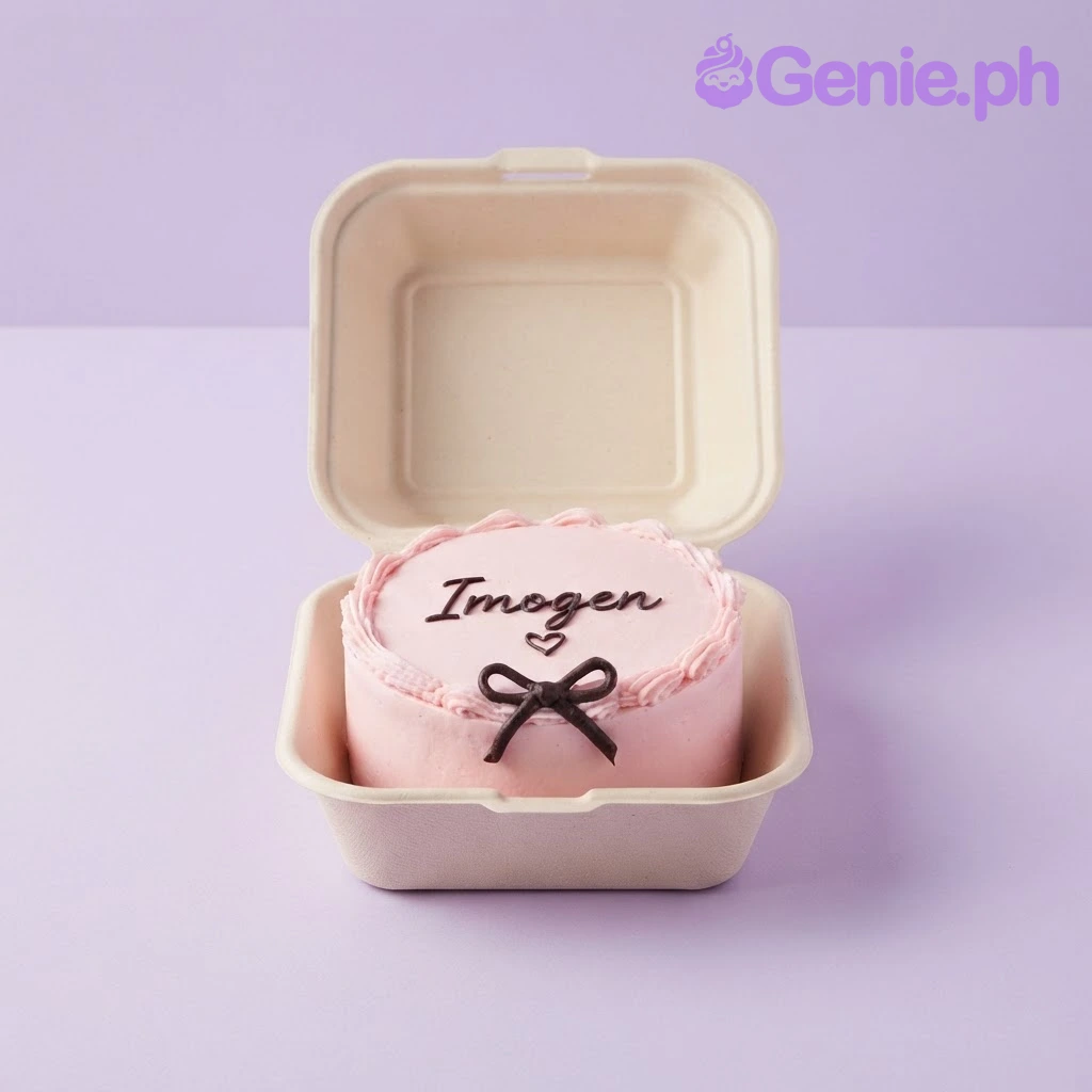 Minimalist Pink Bento Bow Cake Pink bento cake with soft icing, black piped script reading Imogen, a small heart, and a black fondant bow