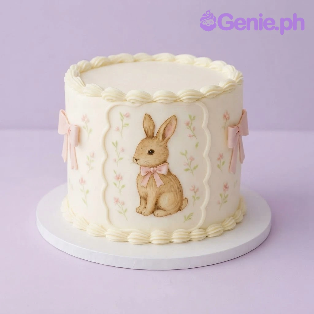 Bunny Ivory Bow Birthday Cake Ivory 1-tier birthday cake with soft icing, piped borders, and an edible photo bunny portrait