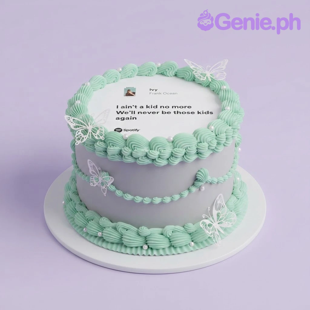 Spotify Music White Butterfly Birthday Cake White 1-tier cake with mint green piped borders, white pearl accents, and a Spotify song interface edible photo top with butterfly cutouts