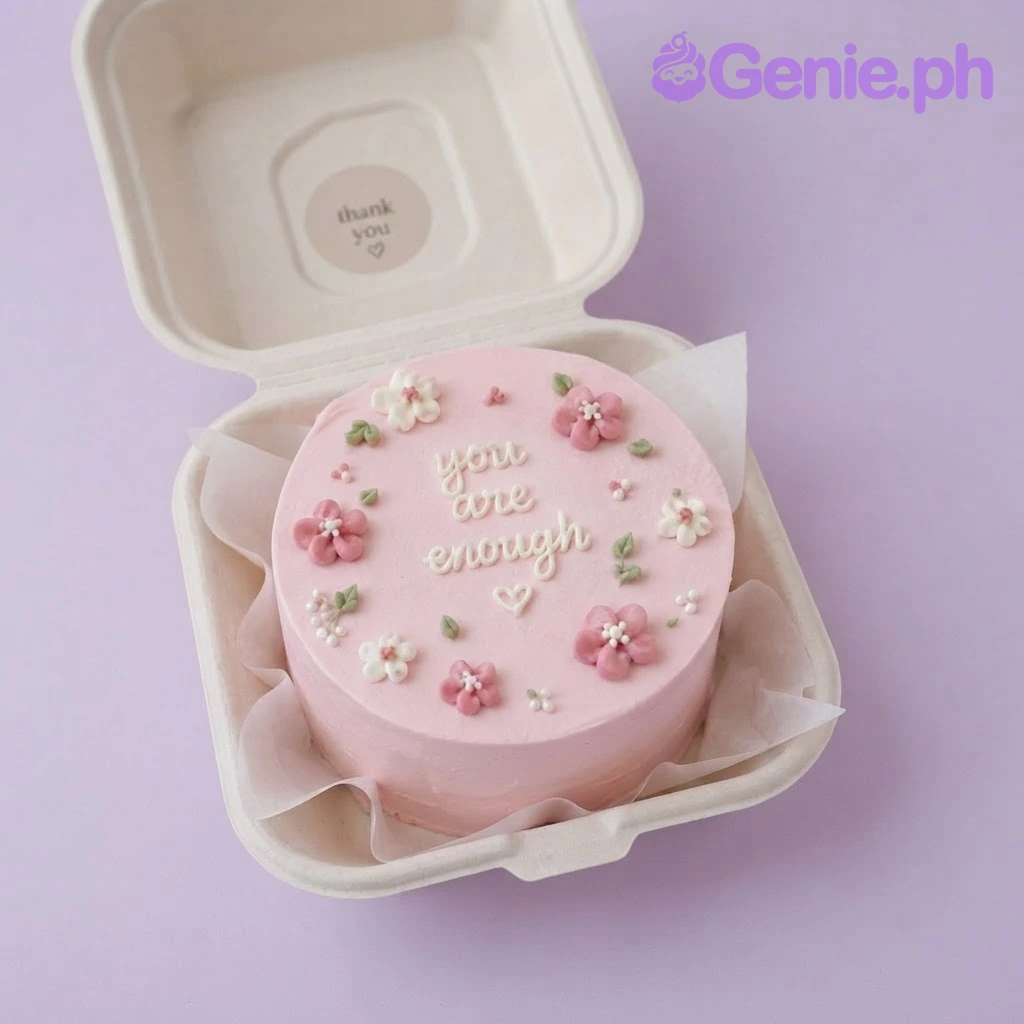 Inspirational Bento Pink Floral Cake Pink bento cake with soft icing, piped white script message, and handcrafted pink and white fondant flowers