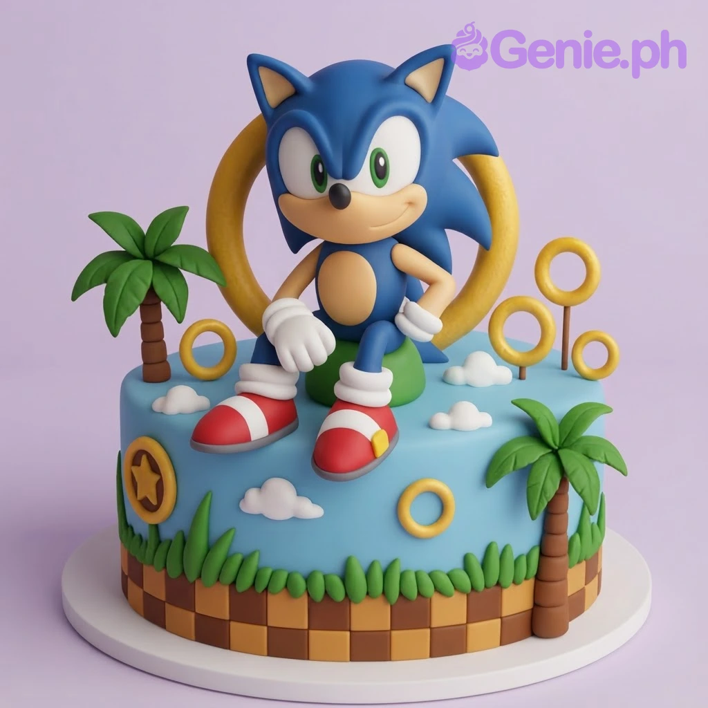 Sonic-Inspired Sky Blue Cake Sky blue 1-tier fondant cake with a smooth finish, Sonic theme, and a sculpted character figurine with gold rings