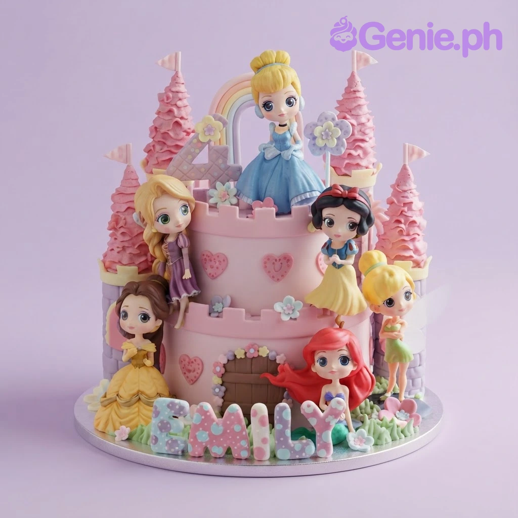 Disney-Inspired Princess Pink 2-Tier Cake Pink 2-tier fondant castle cake with six Disney princess figurines, a rainbow arch, and a number four topper