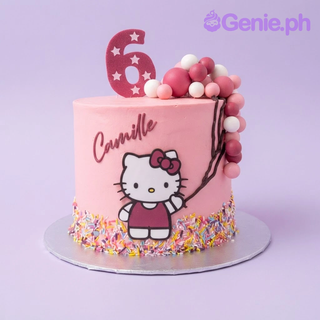 Hello Kitty-Inspired Light Pink Birthday Cake Light pink 1-tier cake with a Hello Kitty character cutout, a number six topper, and a cluster of pink and white balloon spheres