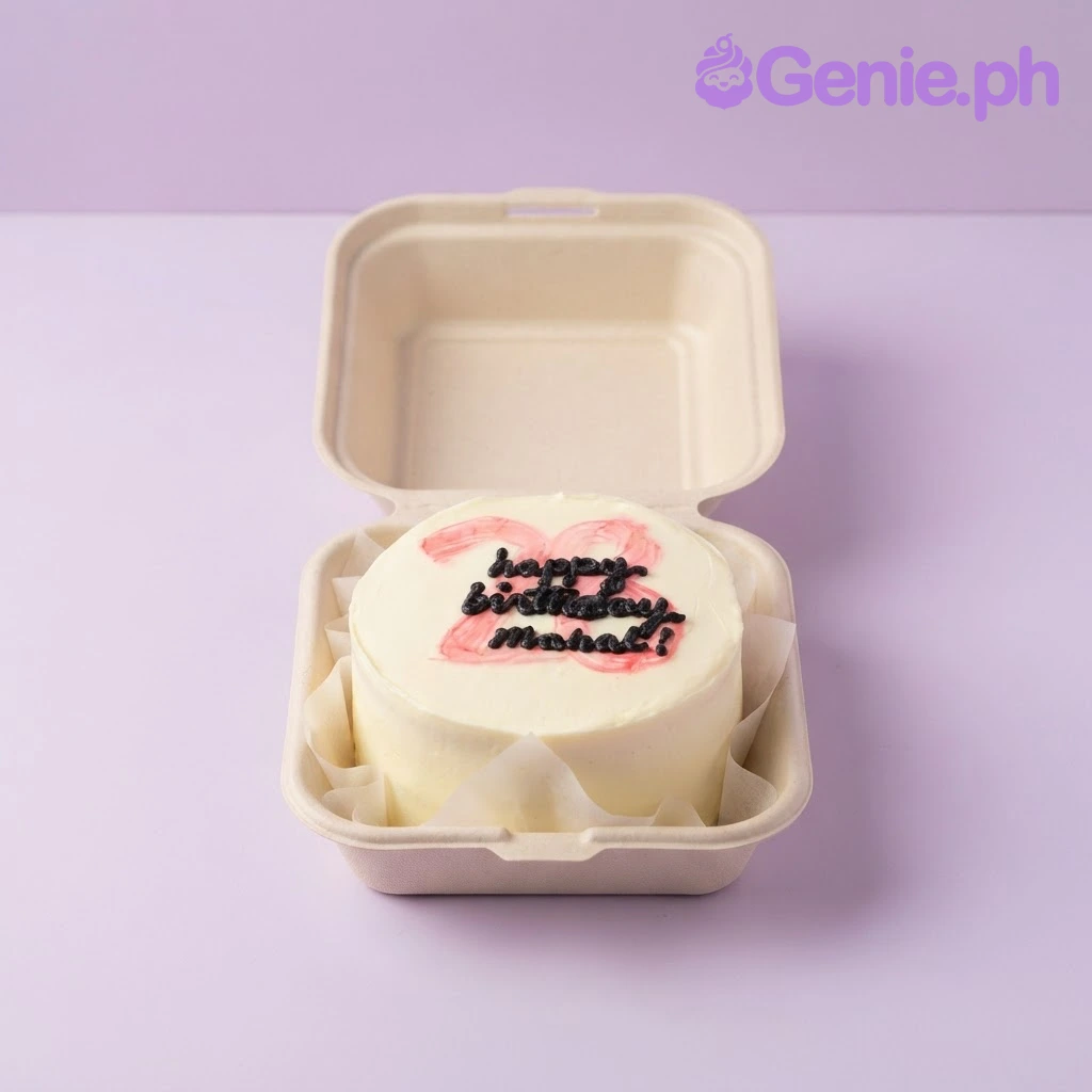 Minimalist Bento White Birthday Cake White bento cake with soft icing finish and red and black piped birthday script on top