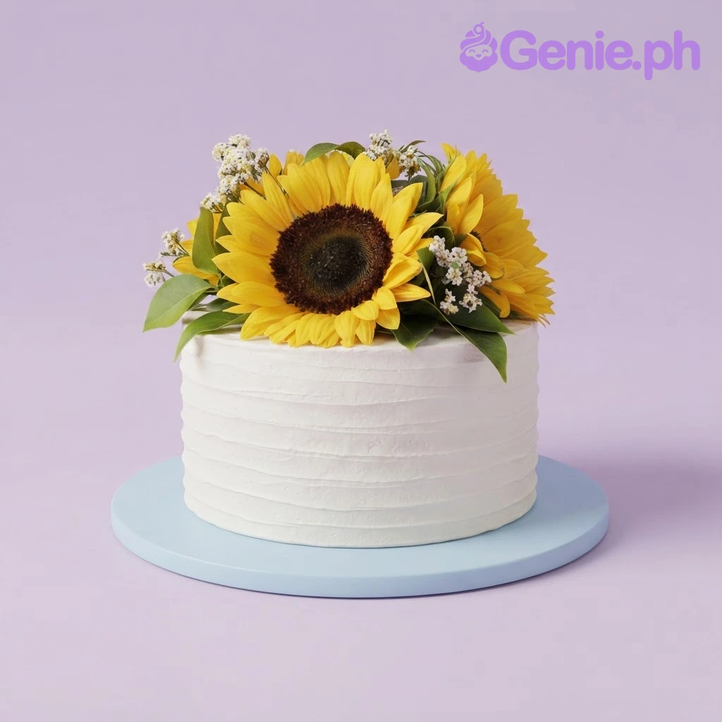 Sunflower White Floral Birthday Cake White 1-tier soft icing cake with textured sides, large yellow sunflowers, and white filler flowers