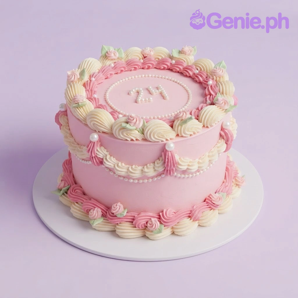 Pink Lambeth 2-Tier Cake Pink 2-tier cake with soft icing, intricate piped Lambeth swags, rosettes, and white sugar pearl beads