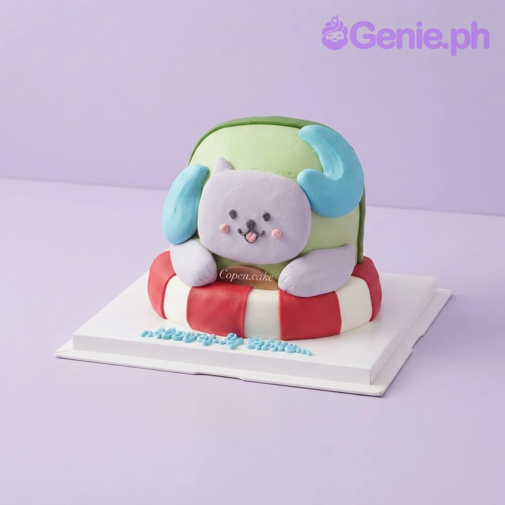 Avocean Birthday Cake Light green 1-tier cake with soft icing, a purple character figure in a turtle shell, and a red and white float ring