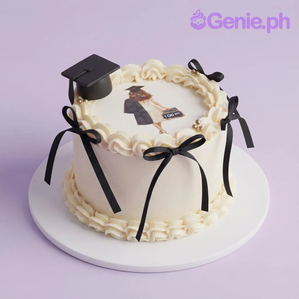 Graduation Minimalist Ivory Cake Ivory 1-tier cake with soft icing, a graduation photo print on top, a fondant graduation cap, and black ribbon bows