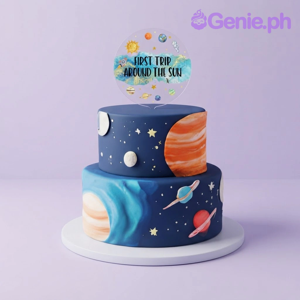 Solar System #Navy 2-Tier Birthday Cake Navy blue 2-tier birthday cake with smooth soft icing, planet painted decorations, and a circular solar system acrylic topper