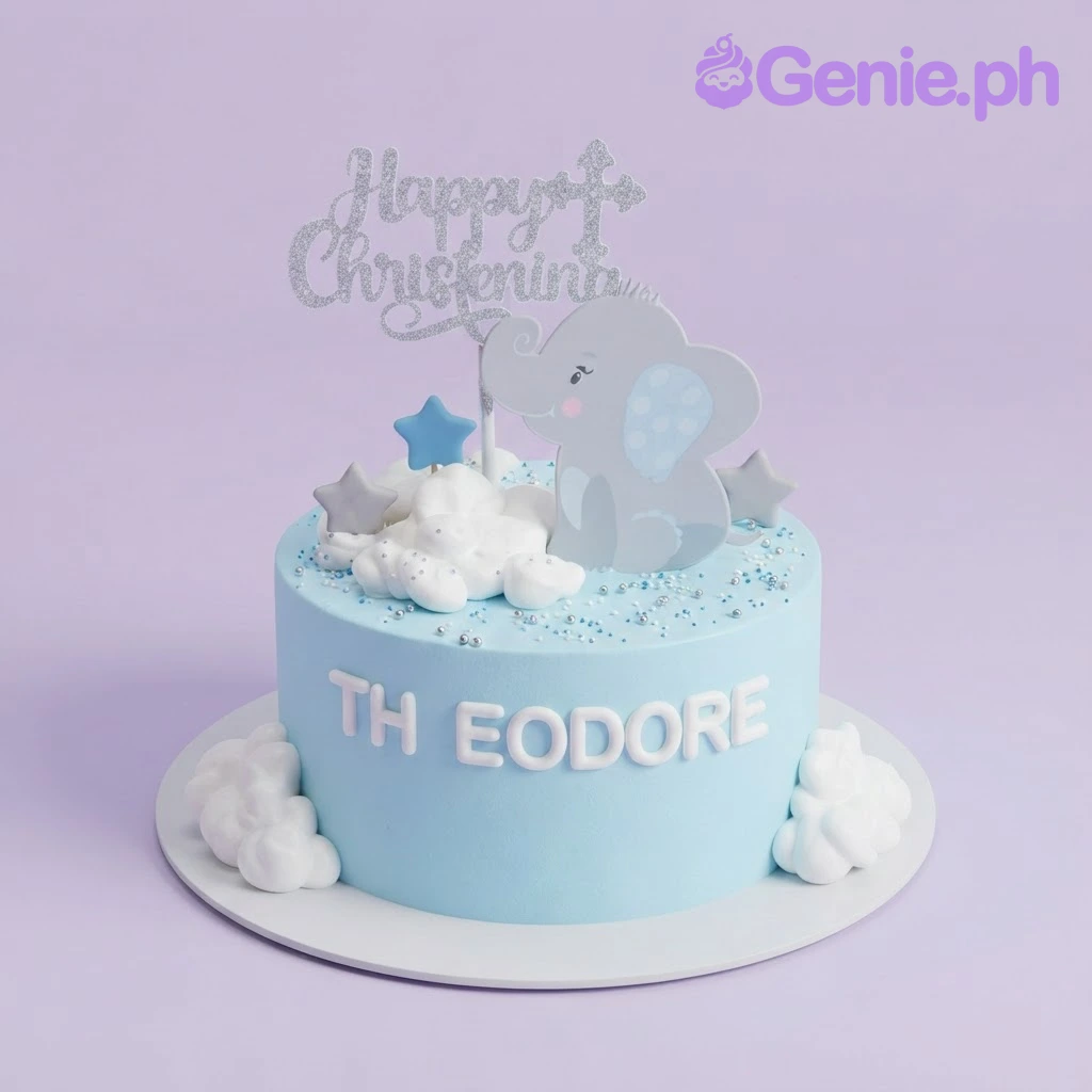 Christening Elephant Sky Blue Glitter Cake Light blue 1-tier christening cake with smooth soft icing, an elephant printout, and a silver glitter topper
