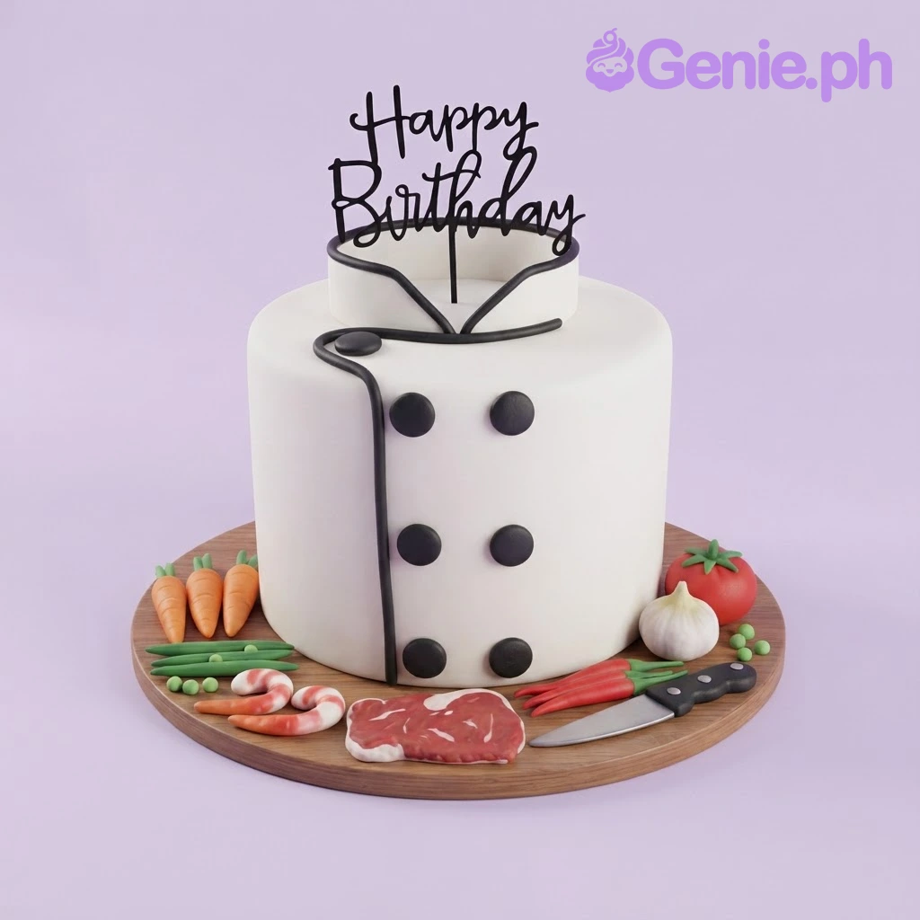 Chef Birthday White Cake White 1-tier fondant chef uniform cake with a black acrylic happy birthday topper and assorted edible vegetable decorations