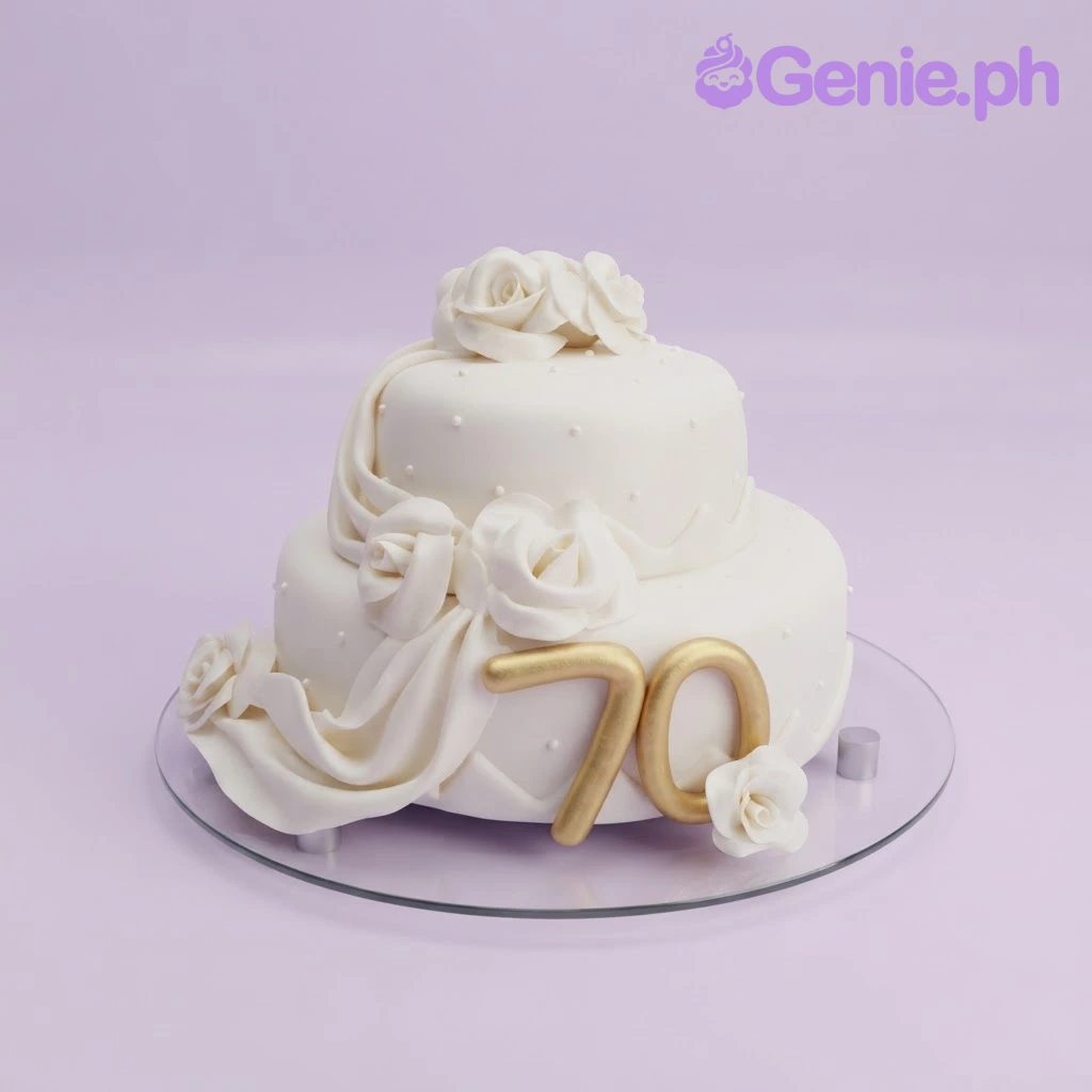 Anniversary White Floral 2-Tier Cake White 2-tier fondant anniversary cake with a fondant drape, white roses, and gold number 70 topper