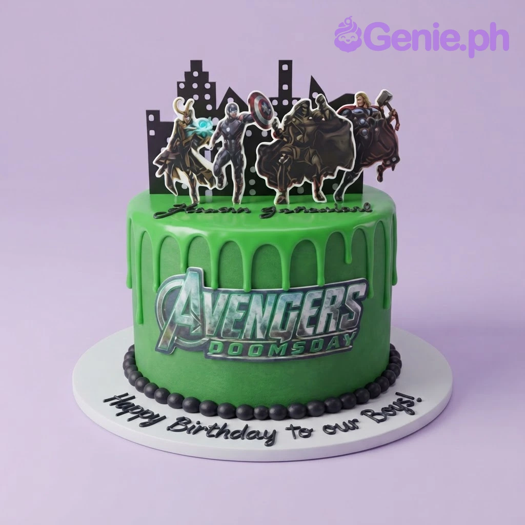 Avengers-Inspired Green Drip Birthday Cake Green 1-tier birthday cake with smooth soft icing, black drip, Avengers printouts, and a city skyline topper