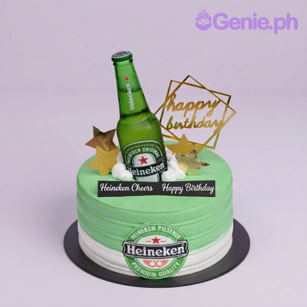 Heineken Beer Birthday Cake Light green and white 1-tier cake with a beer bottle topper, gold Happy Birthday sign, and Heineken logo printouts