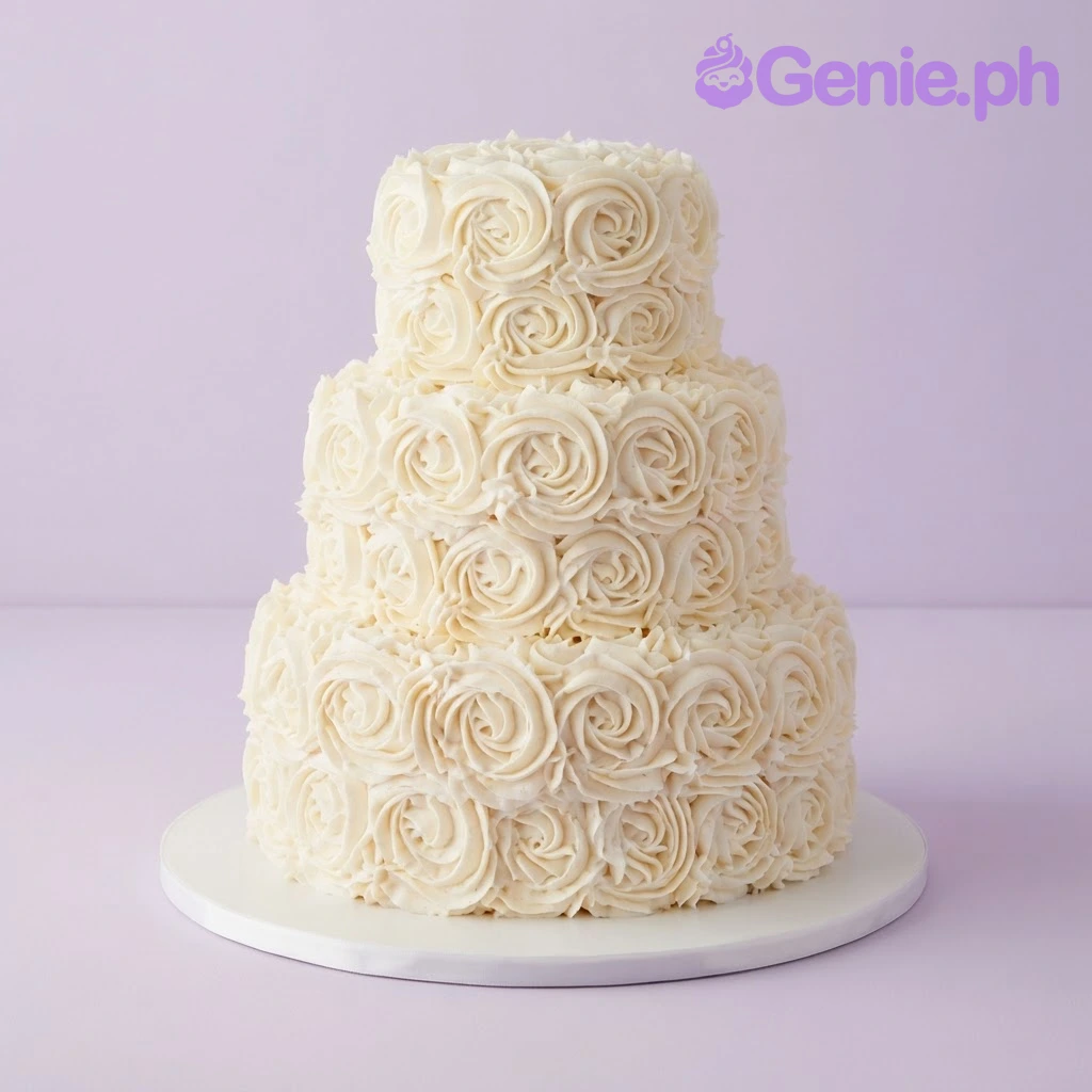 White 3-tier cake with all-over piped icing rosettes on a silver pedestal White 3-tier cake with all-over piped icing rosettes on a silver pedestal
