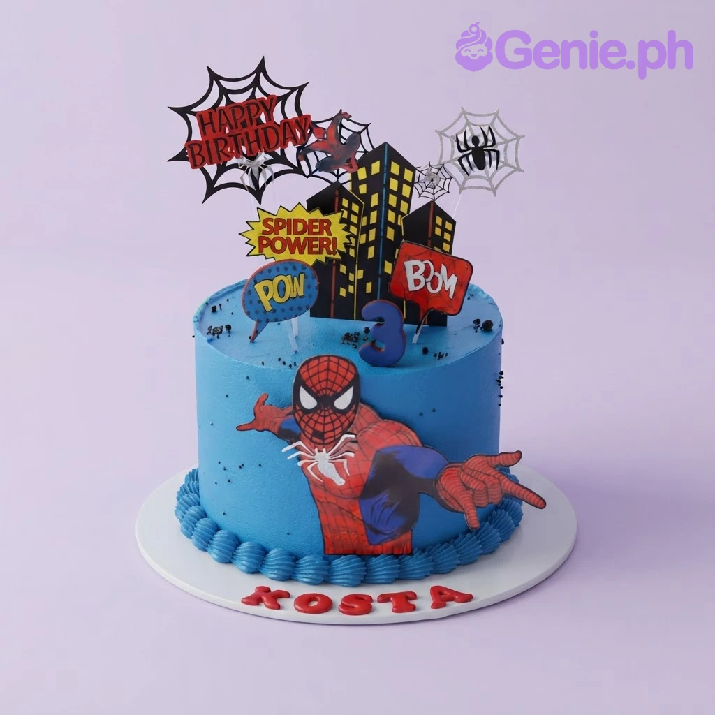 Spiderman-Inspired Sky Blue Birthday Cake Light blue 1-tier birthday cake with smooth soft icing, Spiderman character printout, and city skyline topper