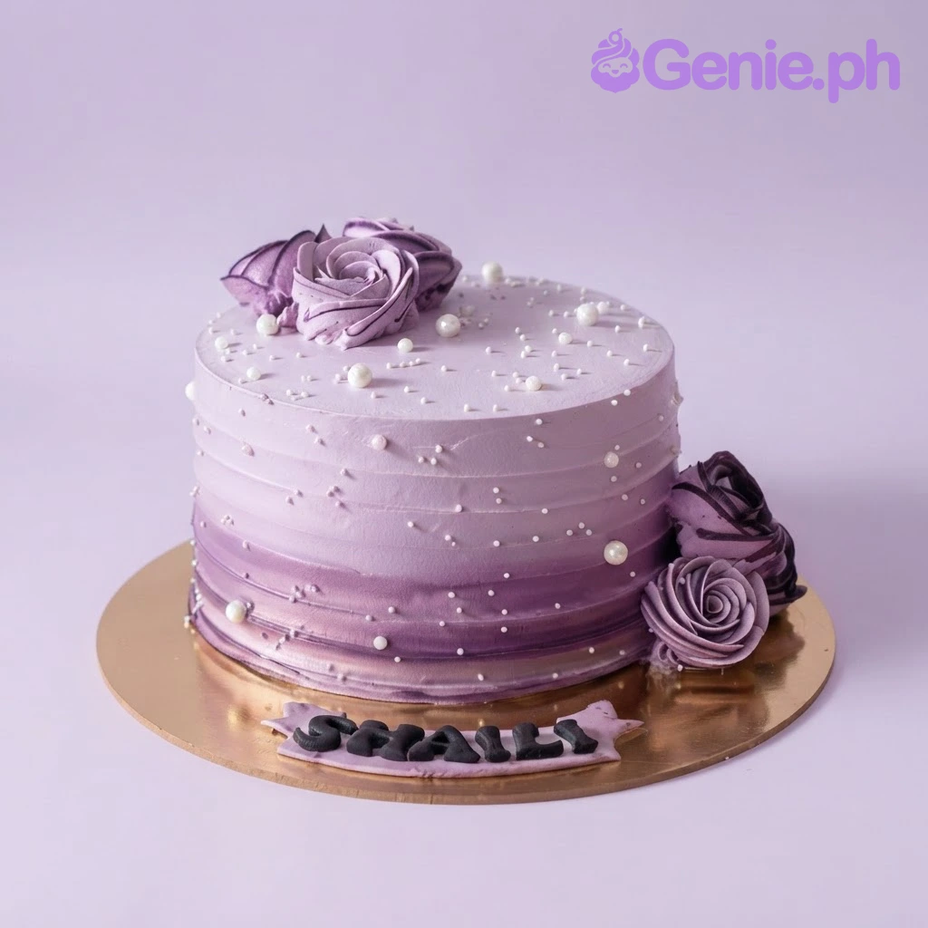 Purple Gradient Lavender Floral Birthday Cake Purple gradient 1-tier cake with piped roses, white pearl sprinkles, and a black name plaque on the base board