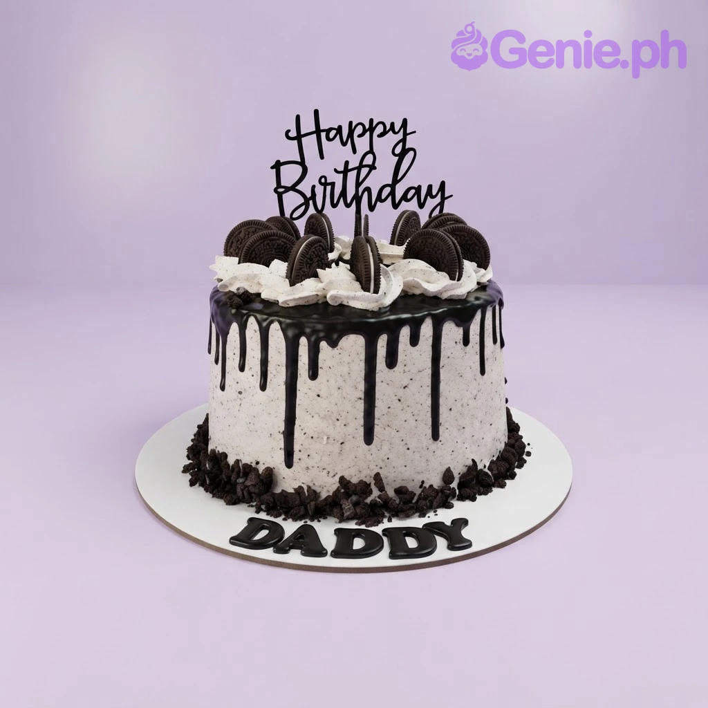 Dad White Drip Birthday Cake White 1-tier cake with soft icing, chocolate drip, oreo cookies, and a black cardstock birthday topper