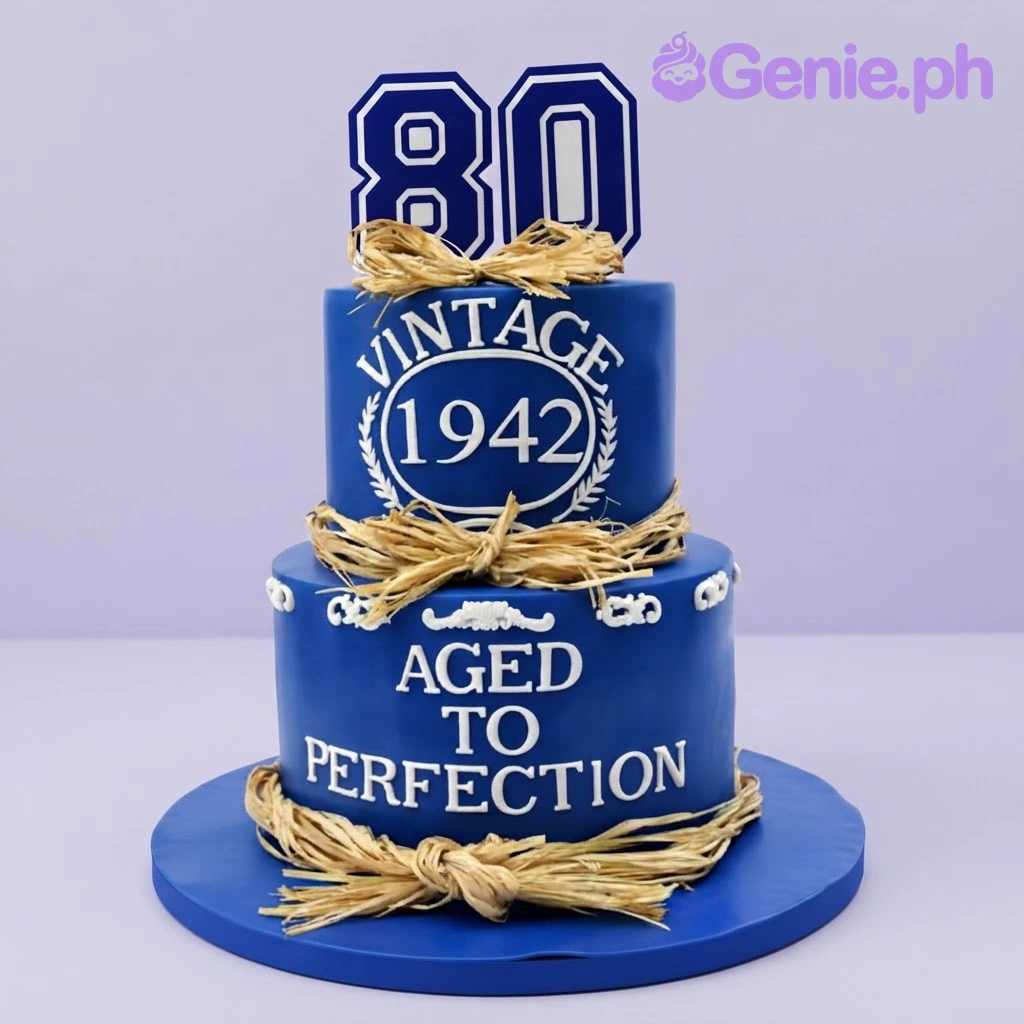 Vintage Birthday Blue 2-Tier Cake Blue 2-tier fondant cake with raffia bows, white scroll piping, and vintage-themed text panels