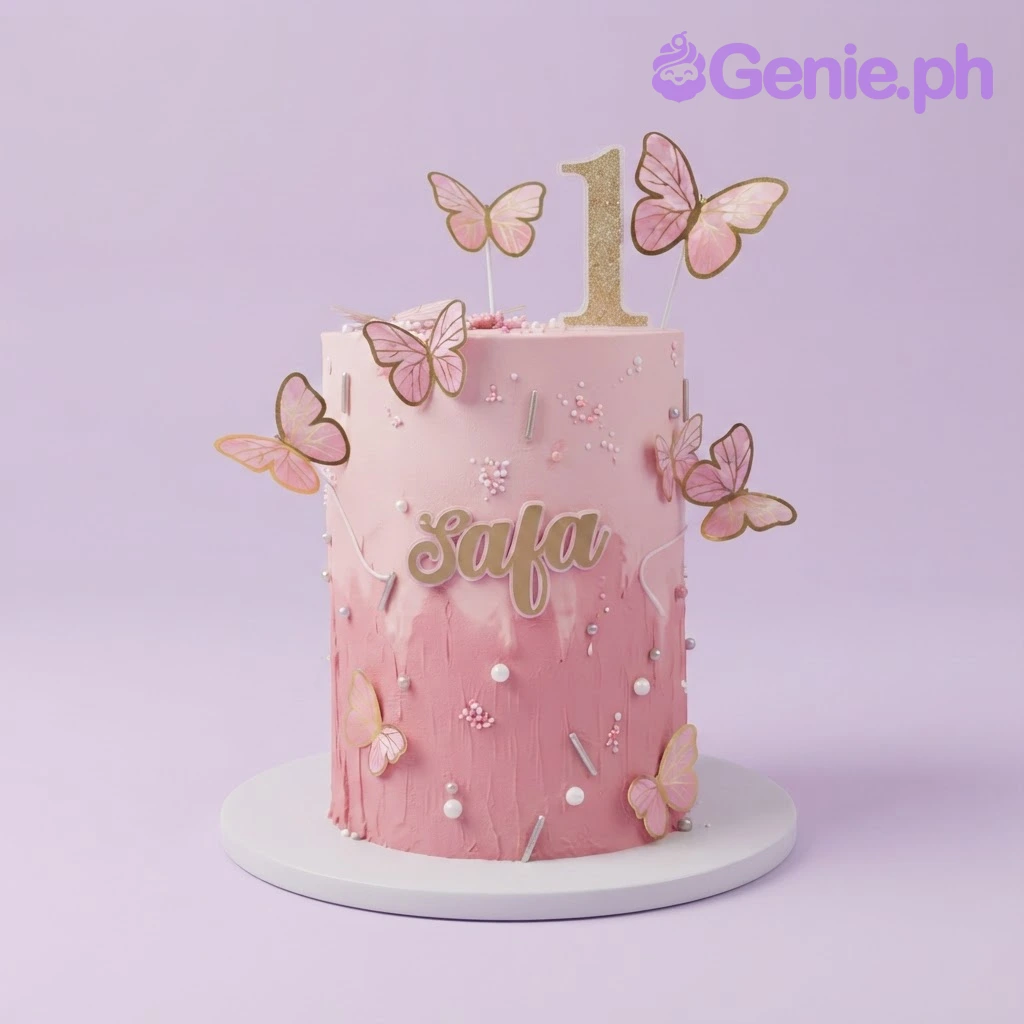 Pink gradient 1-tier cake with gold glitter number one, butterfly printouts, and pearl sprinkles Pink gradient 1-tier cake with gold glitter number one, butterfly printouts, and pearl sprinkles