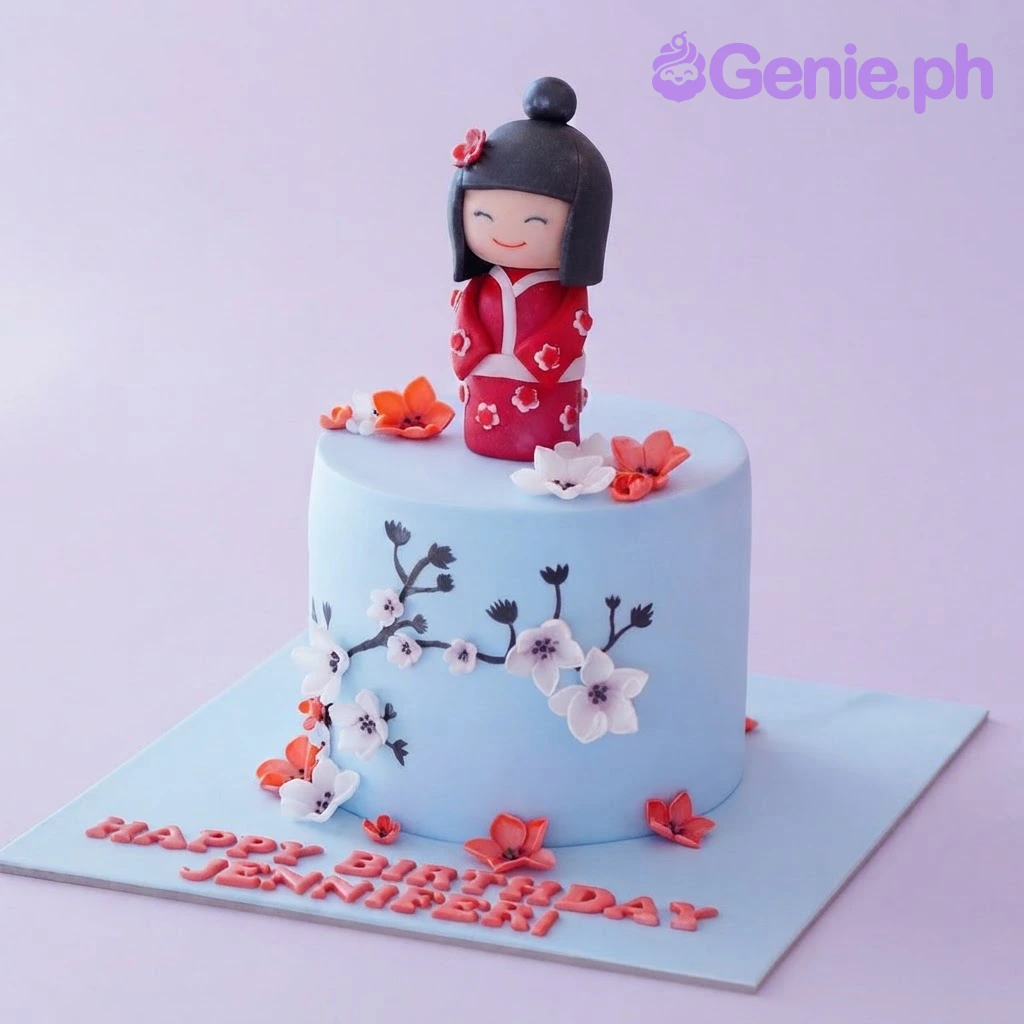 Kokeshi Doll Sky Blue Birthday Cake Light blue 1-tier fondant Japanese kokeshi doll cake with sugar cherry blossoms and red letter message