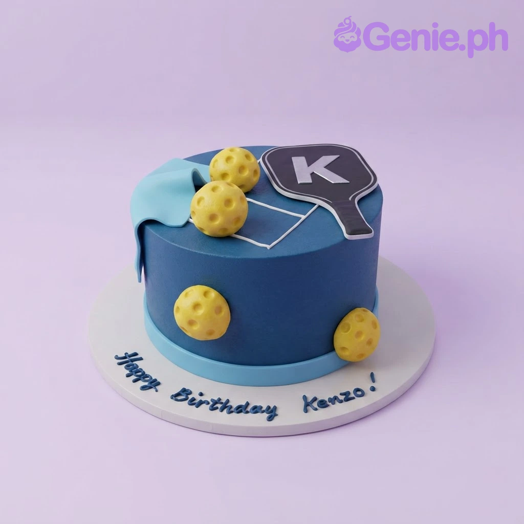 Pickleball Blue Birthday Cake Blue 1-tier cake with a pickleball paddle topper, yellow pickleball accents, and a birthday message on the board.