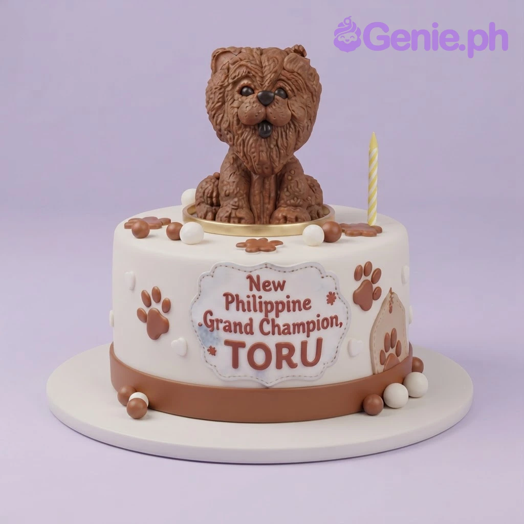 Dog Champion White Cake White fondant cake with a brown dog figurine, paw print accents, and a printed message plaque celebrating a champion dog