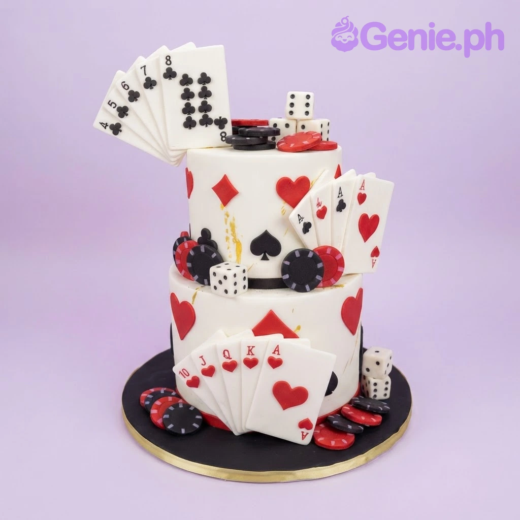 Casino White 2-Tier Cake White 2-tier fondant casino theme cake with edible playing cards, poker chips, and dice