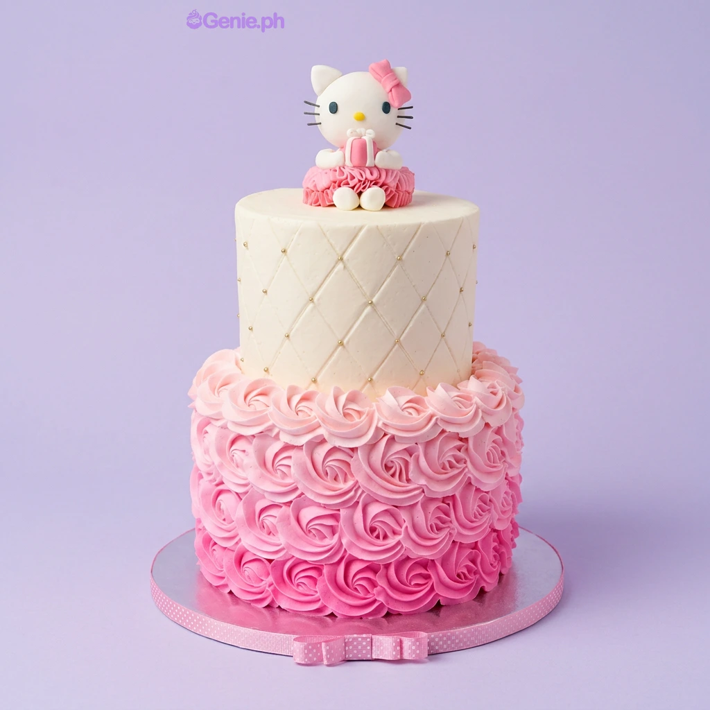 Hello Kitty-Inspired 2-Tier Birthday Cake Two-tier cake with pink ombre rosettes on the bottom and ivory quilted fondant on top, featuring a Hello Kitty figurine topper.