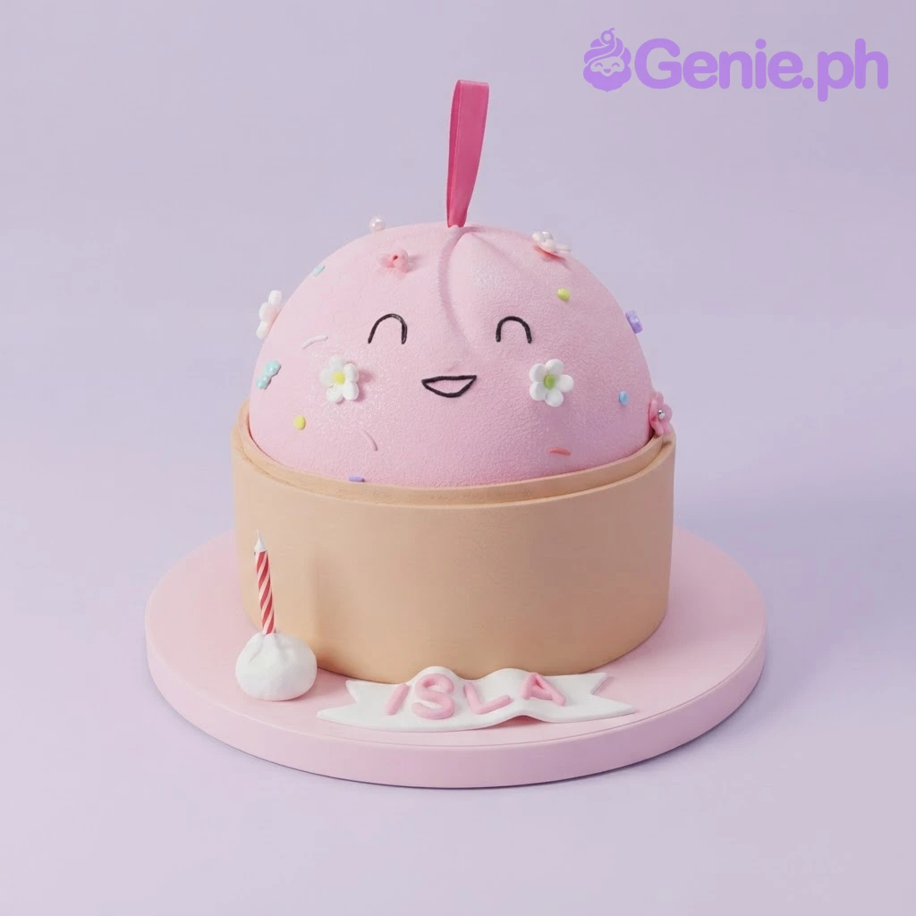 Steamed Bun Light Pink Cake Pink steamed bun fondant cake with a cute face, bamboo steamer base, and a pink ribbon on top