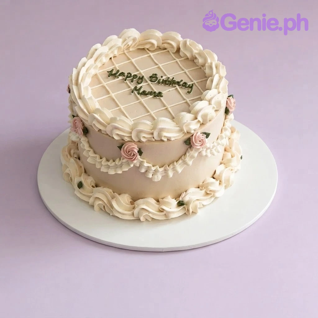 Vintage Floral Ivory Birthday Cake Beige 1-tier cake with soft icing, piped white borders, pink rosettes, and green piped text