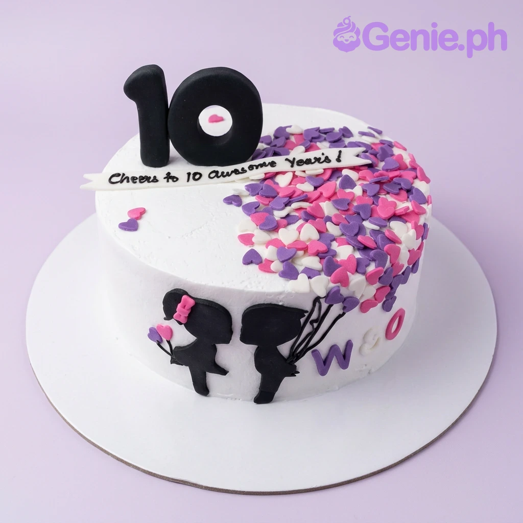 10th Anniversary White Heart Cake A white 1-tier cake themed around a 10th anniversary, featuring a black number 10 topper, couple silhouettes, and heart sprinkles.