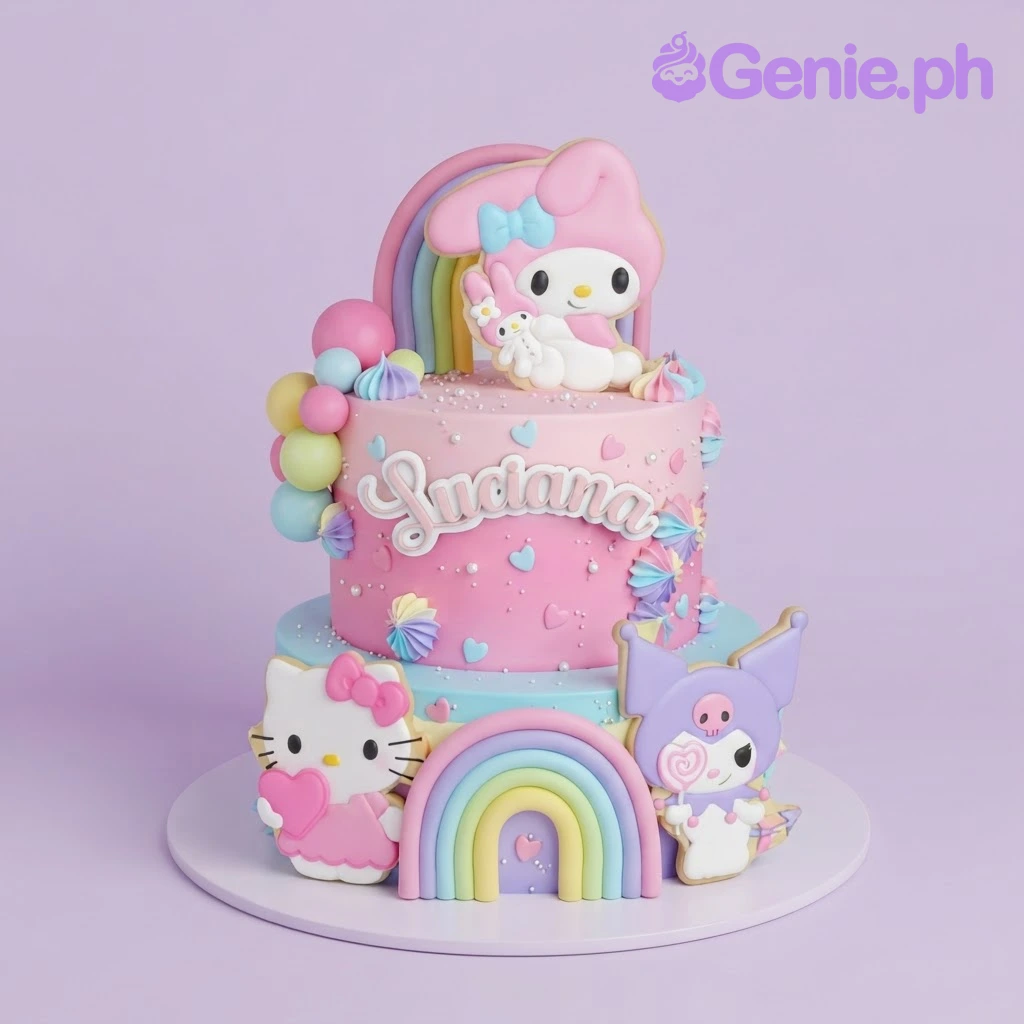 Sanrio-Inspired Theme Light Pink 2-Tier Cake Light pink and hot pink 2-tier cake with soft icing, Sanrio theme characters, and pastel rainbow arches